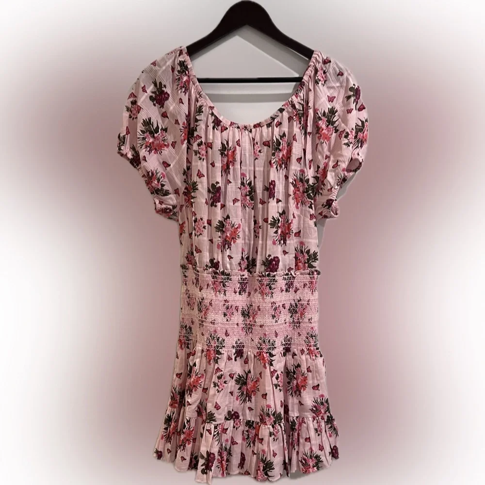 🌸LoveShackFancy Spritz Floral Smocked Tie Back Mini Dress Rosemary Mauve L NWT - Picture 7 of 7